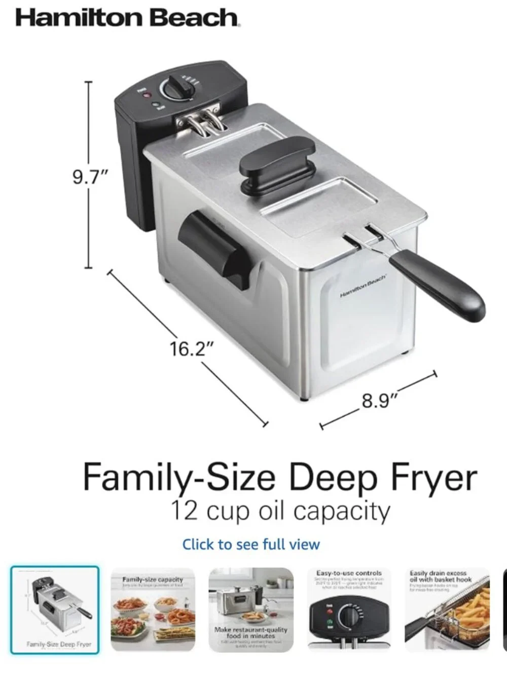 Hamilton Beach Family Style Electric Deep Fryer With Basket 3 Liter NWT